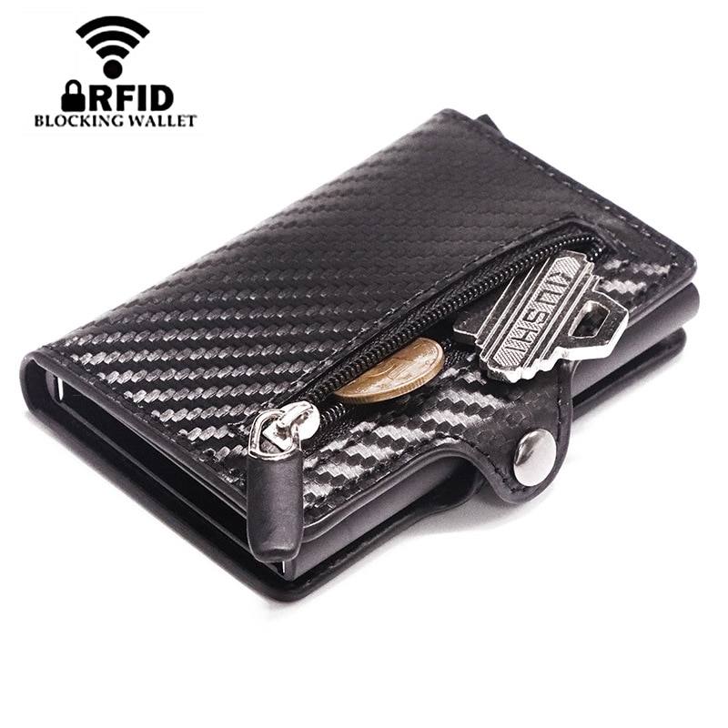 Cartera de cuero Pop Up funda de tarjeta imán de fibra de carbono monedero caja de aluminio Tarjeta de la cartera RFID hombres cartera titular de la tarjeta