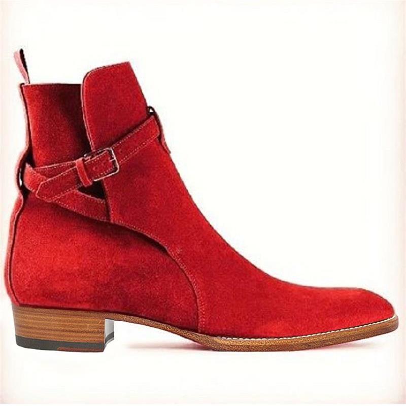 Bottines classiques haut de gamme en Faux daim rouge pour hommes, chaussures faites à la main, avec boucle réglable, talon bas, faciles à assortir, 6KF457,: 41