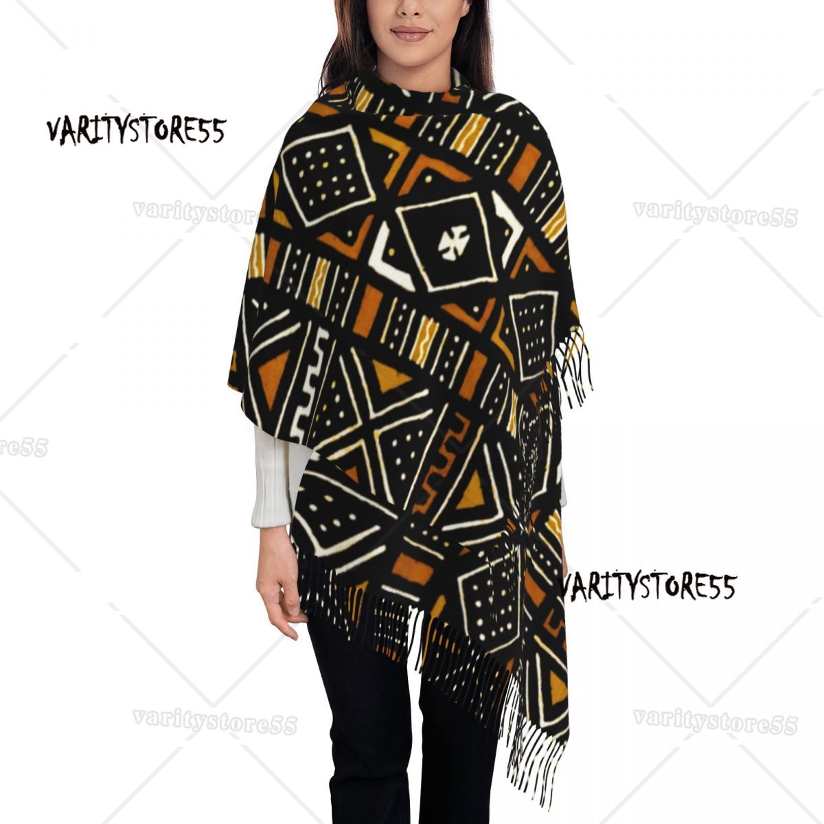 Écharpe Bogolan africaine imprimée personnalisée pour hommes et femmes, écharpe chaude d'hiver et d'automne, châle d'art ethnique Tribal africain: WHITE