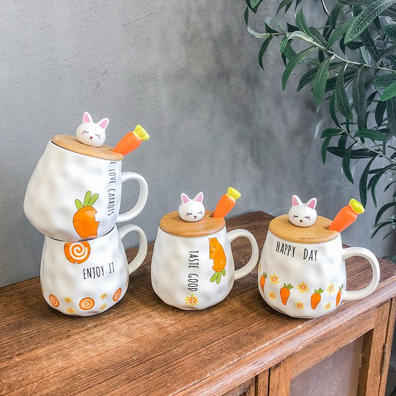 400ML Cartoon Ceramic Mug Turnip Rabbit Wooden Lid Ceramic Cup Milk Coffee Tea Cup Office Home Student Couple Cup
