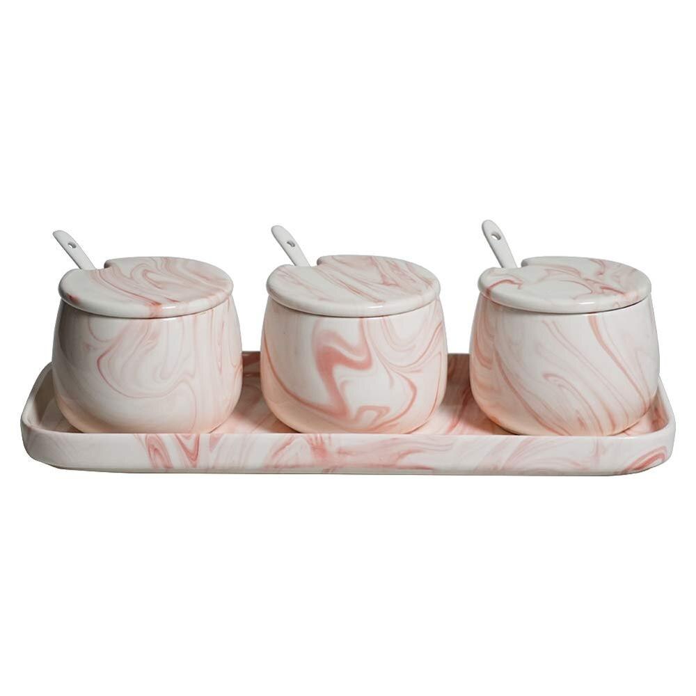 Sugar Bowl, Ceramic Black White Marble Sugar Bowl with Lid and Spoon for Home and Kitchen: Pink x4