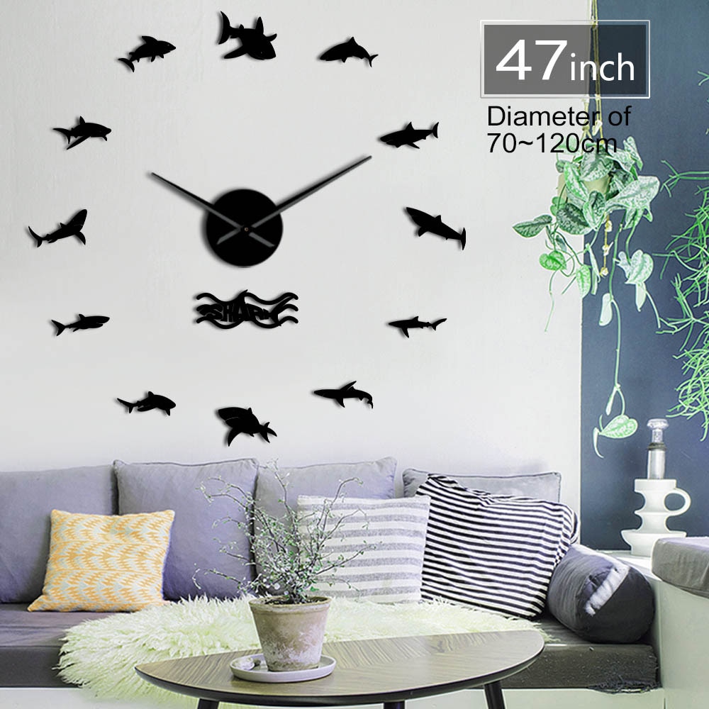 Ocean Sharks Wall Stickers Large Wall Clock Marine life great white shark Kids Bedroom DIY 3D Decoration Wall Clock