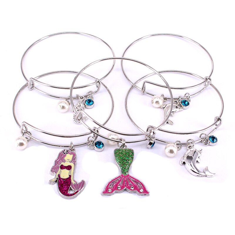 5pcs Bangle Set Wire Bracelets for Women Girls Jewllery Imitation Pearls Mermaid Birthstone Charms Bangles Cuff Jewlery C043