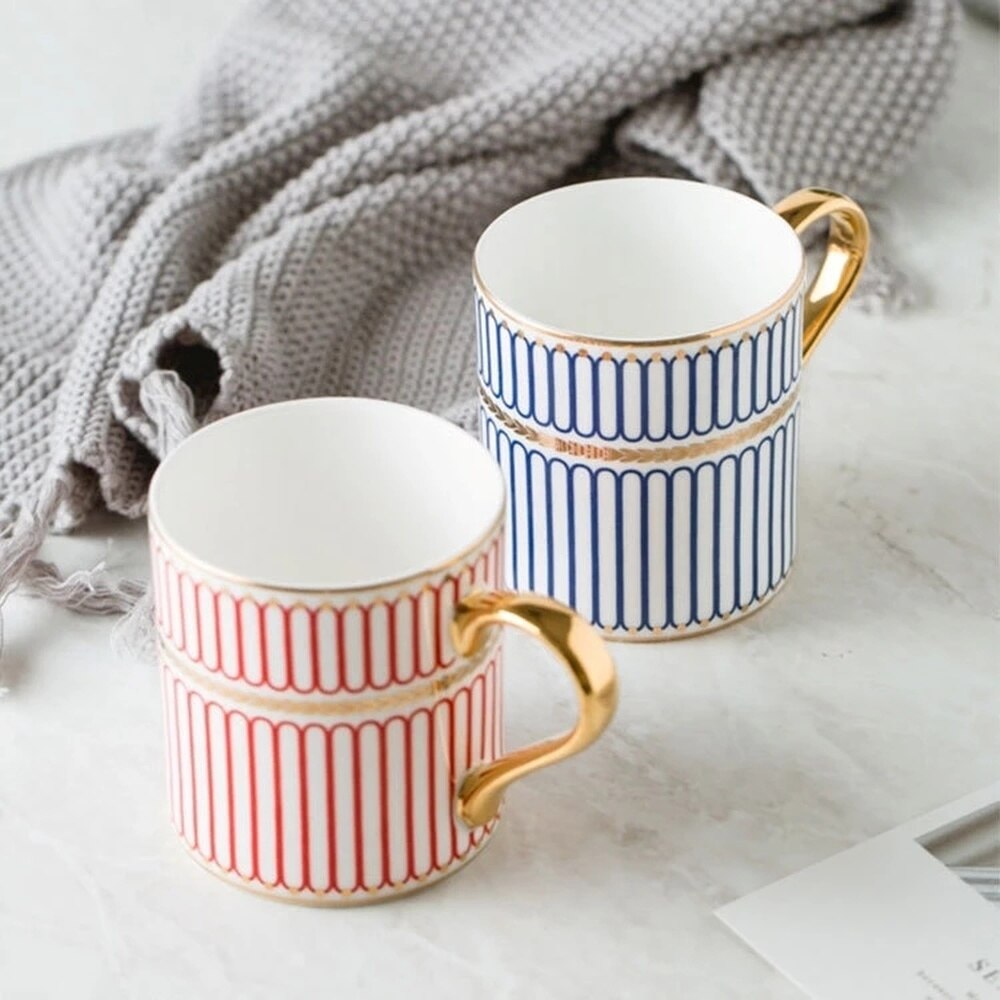 Tasse à café de luxe de Style britannique, 350ml, avec rayures dorées, en porcelaine, pour Couple, avec boîte