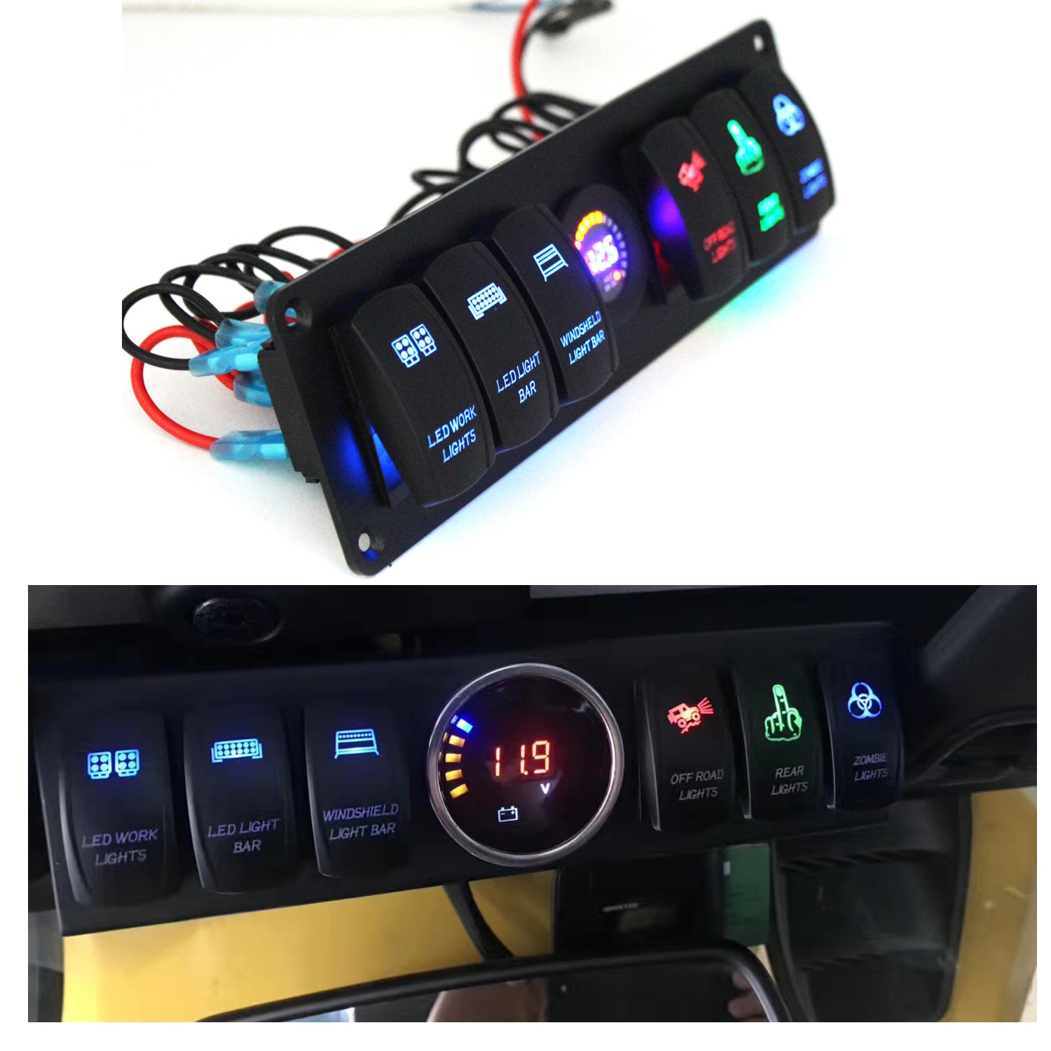 Farverige 12v 6 gang rocker switch panel afbryder led voltmeter rv bil marine båd switch panel led switch panel auto