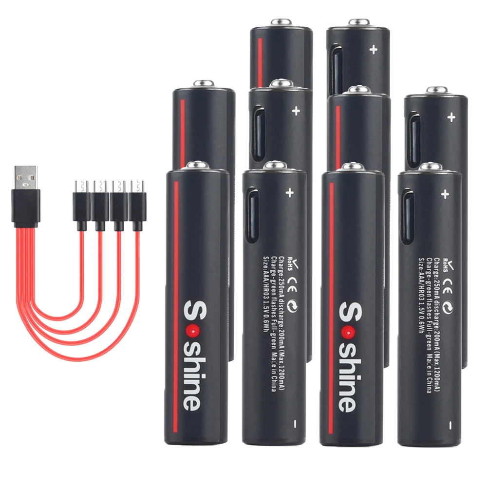 Soshine 600mwh usb li-ion aaa wiederauf ladbarer akku aaa 1,5 v lithium batterien mit 4-in-1 usb kabel für spielzeug kamera taschenlampe: Rot
