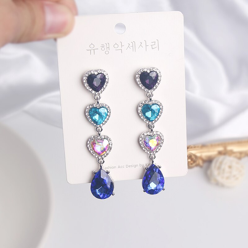 MWSONYA Korean Blue Love Heart Crystal Earrings for Women Water Crystal Tassel Pendant Shining Jewelry