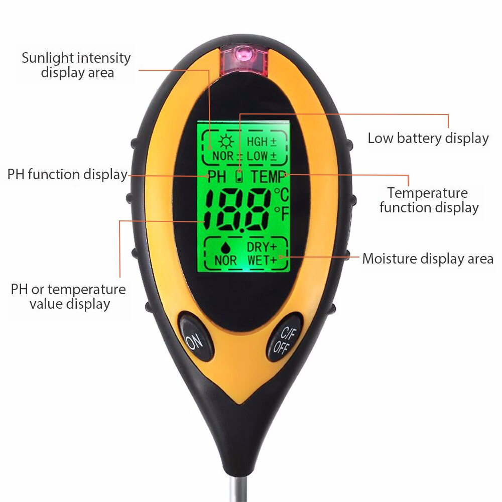 Testeur numérique de PH de sol 4 en 1, outil de jardin, mesure de l'humidité et de l'acidité, moniteur de température et de lumière du soleil