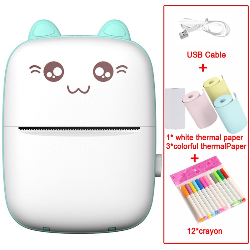 Portable MINI CAT Printer Thermal Print Photo Pocket Thermal Label Printer 58mm Printing Wireless Bluetooth Android IOS Printers: BlueAdd3color 12pen