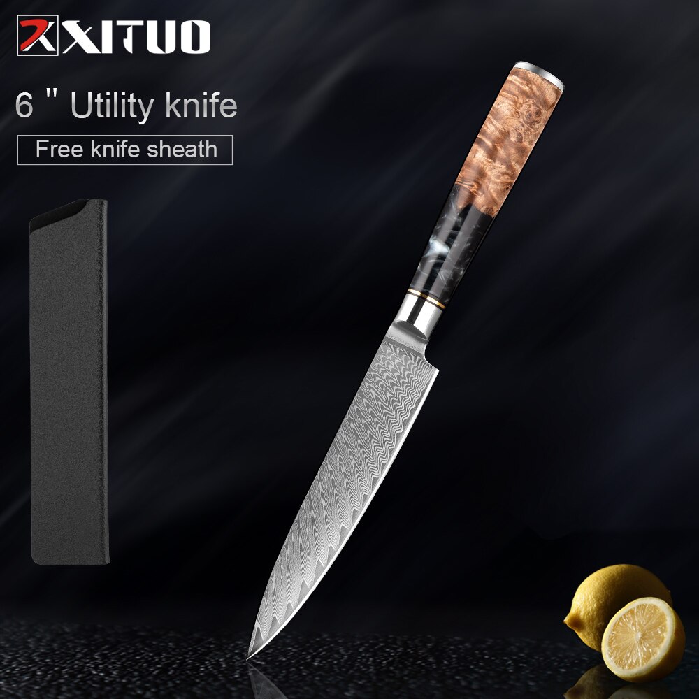 XITUO – ensemble de couteaux de cuisine en acier damas, couteau de chef japonais, couperet à pain utilitaire en résine et manche en bois stabilisé: 5 inch Utility Knife