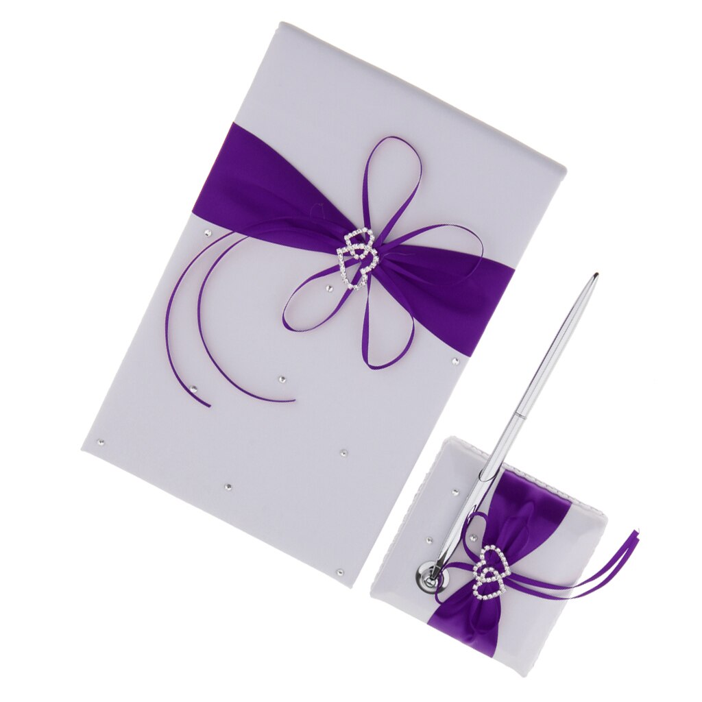 3pcs Set Satin Crystal Guest Book Pen And Pen Stand Wedding Reception: Purple