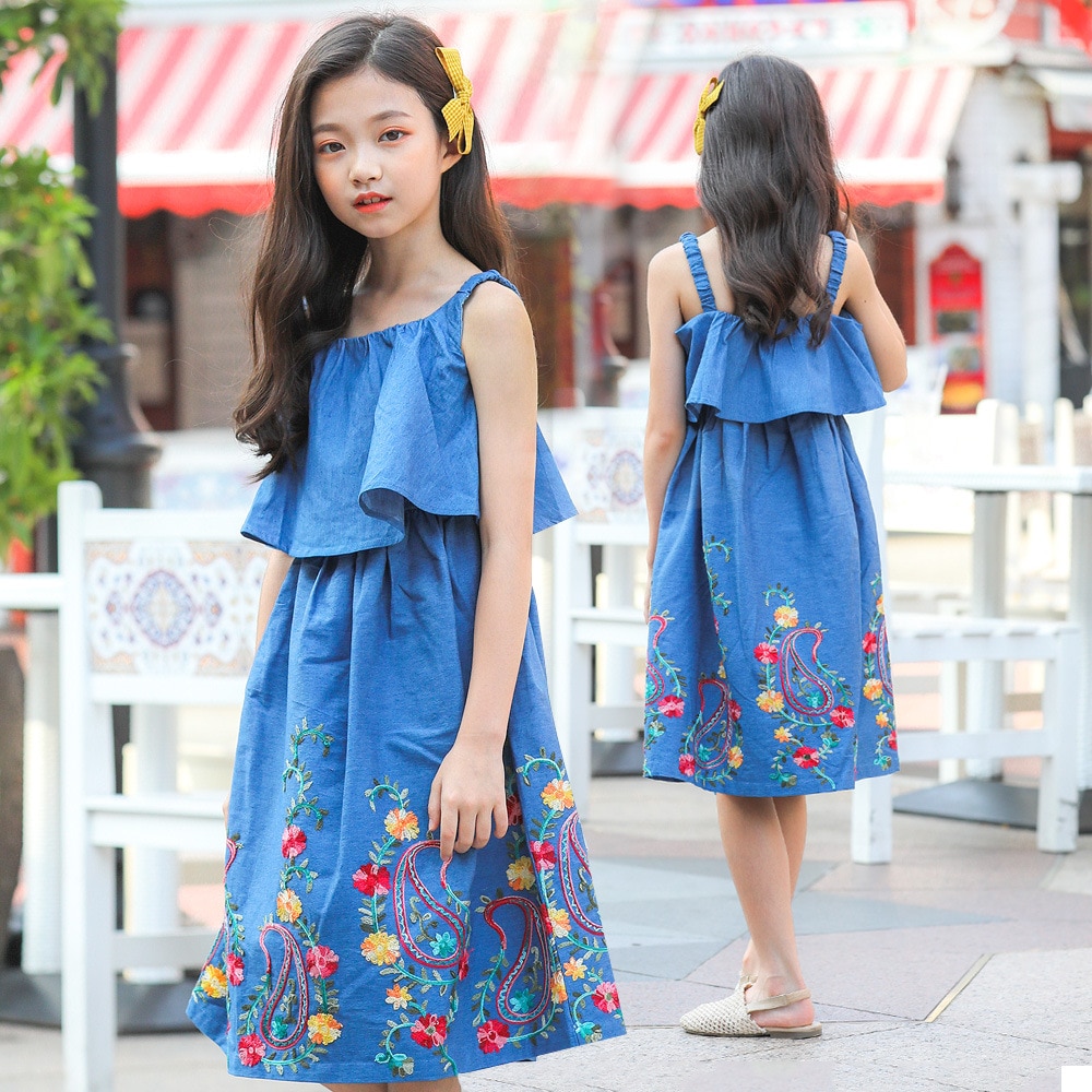 Girls Dress Summer Sleeveless Mother Daughter Dresses Ruffle Children Clothing Jeans Embroidery Kids Dress 10 12 14 16 Years