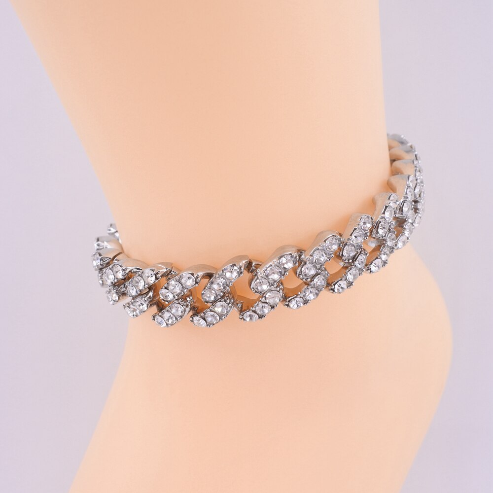 cuban link anklets hip hop women chain foot legs jewelry 12mm cuban chain pink crystal rose gold silver color iced out: Silver 9inch