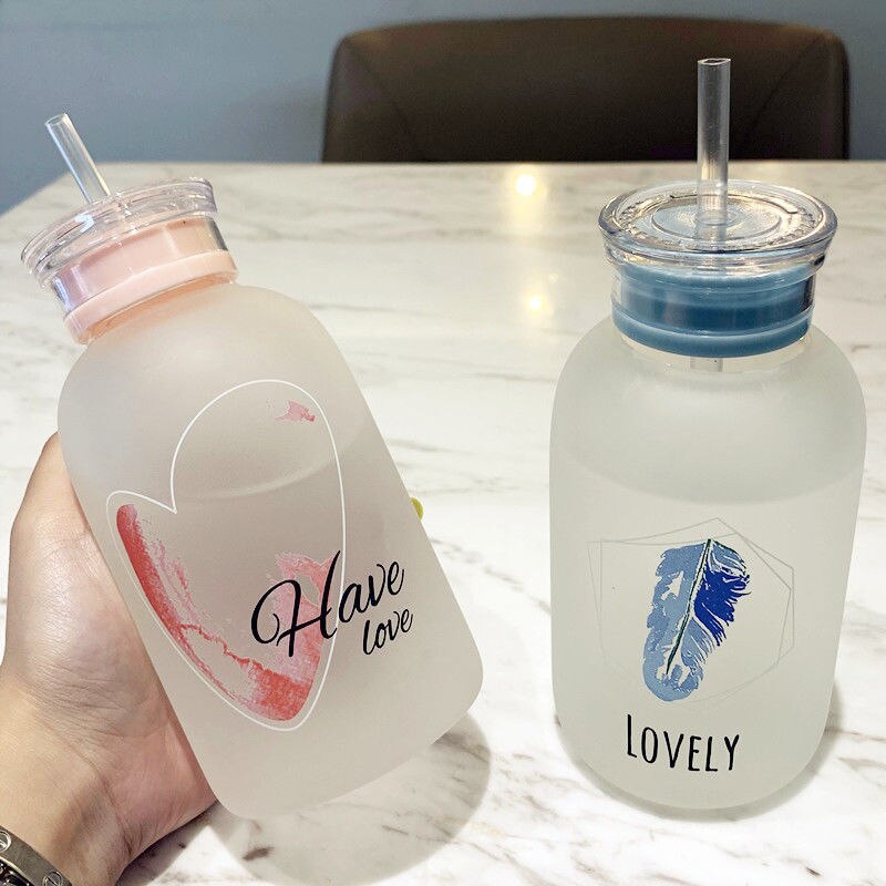450ml bouteille en verre dessin animé givré/Transparent bouteilles d'eau BPA gratuit étanche Drinkware simplicité étudiant tasse