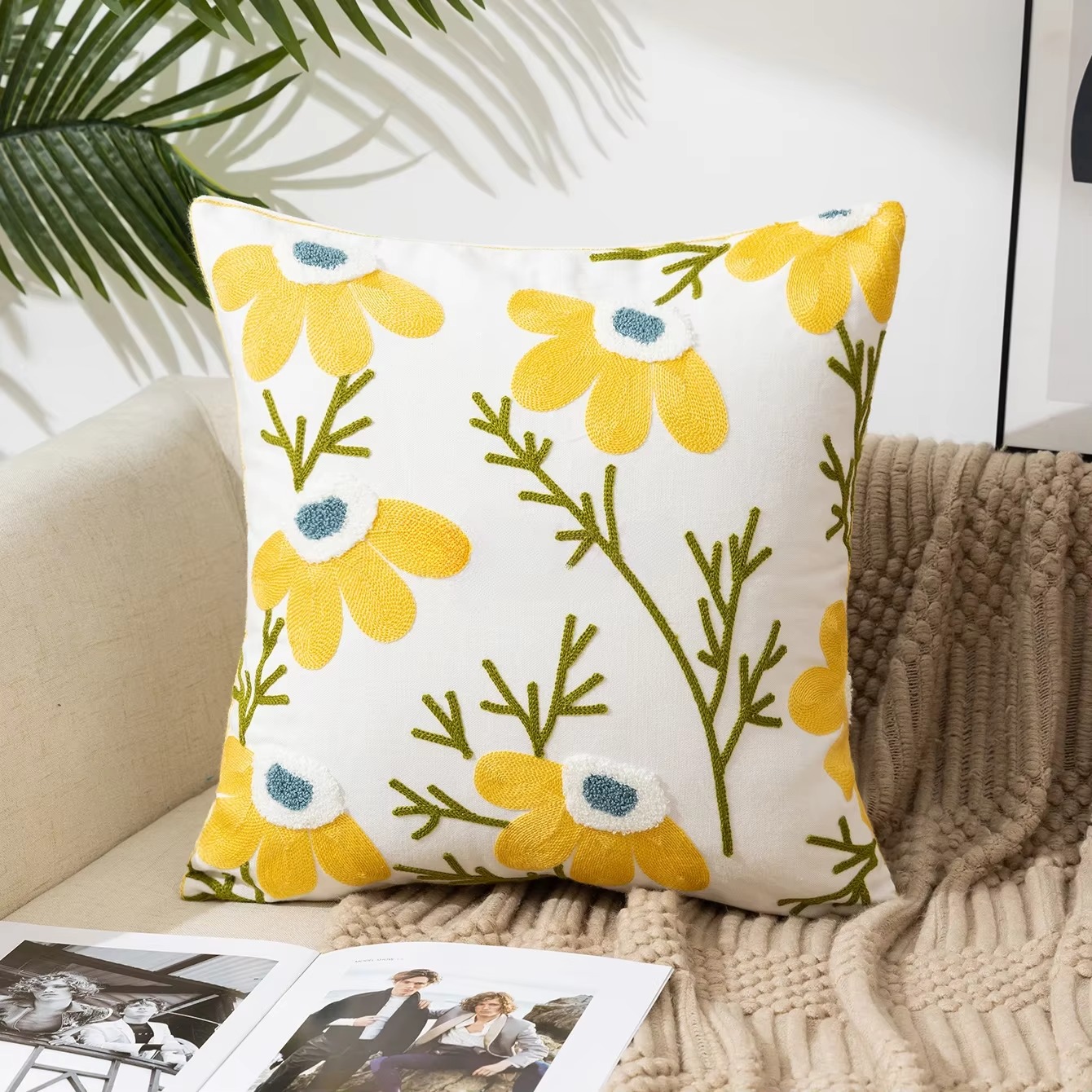 45X45CM Bloem Geborduurde Sierkussen Cover Plant Handdoek Moderne Stempelen Taille Kussenhoes Decor Home Decoratieve kussensloop