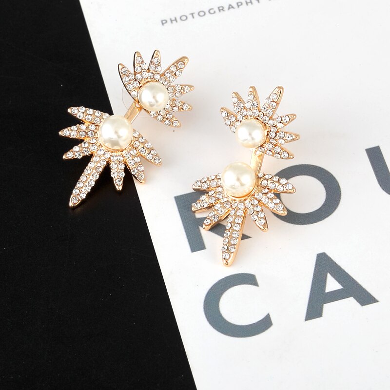 Hfarich Folha de Pérolas de Cristal Brinco Casacos Brincos Voltar Manguito Jóias Pregos Orelha Piercing Brincos Declaração Do Parafuso Prisioneiro para As Mulheres