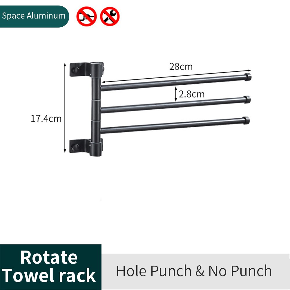 180° Swivel Towel Bar Bathroom Wall Mounted Removable Towels Storage Rack Punch-free Strong Load-bearing Laundry Drying Shelves: 3 pole