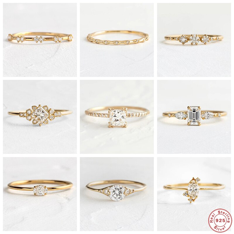 Aide 925 Sterling Silber Gold Platz Zirkon Kristall Ringe Für Frauen Luxus Oval Runde Strass Hochzeit Engagement Schlank Ring
