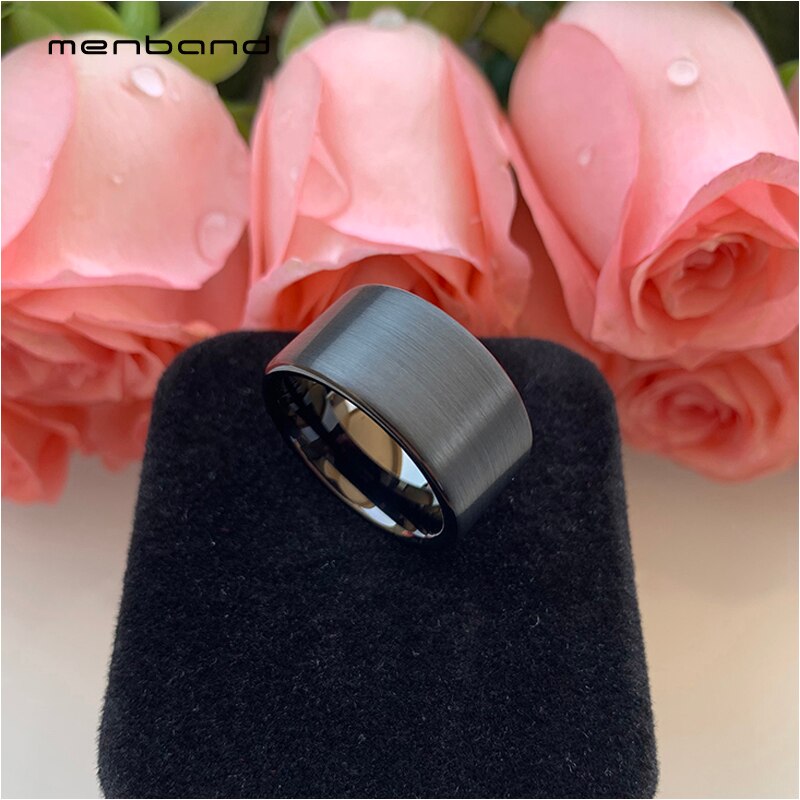 Large Men Ring Black Tungsten Wedding Ring Flat Band And Brushed Finish 12MM Ring Box Available