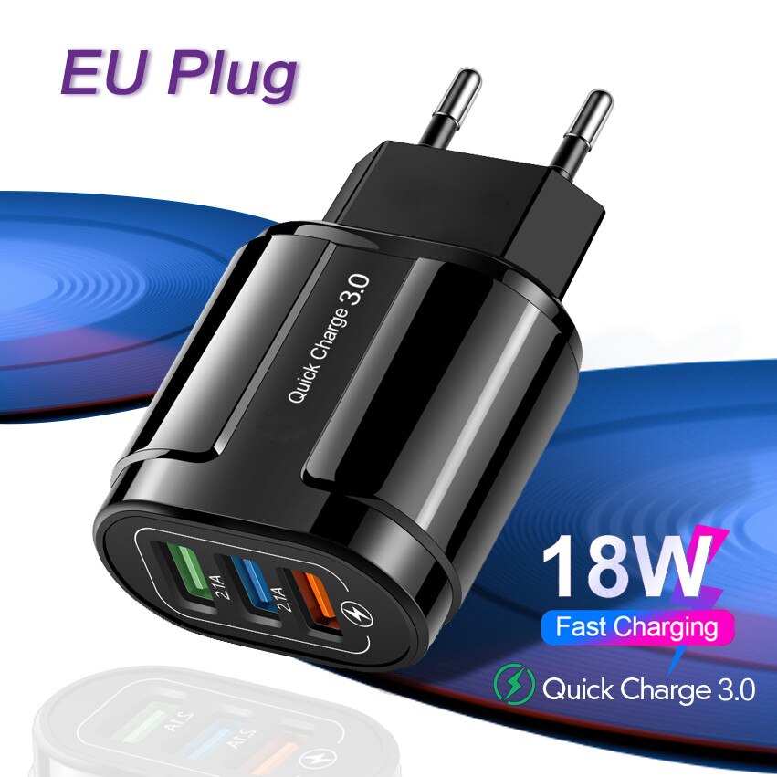 Cargador USB de carga rápida 3,0 para teléfono móvil, adaptador de carga rápida de pared Universal QC3.0 3u, para Samsung, Xiaomi, iPhone: 3u EU Black