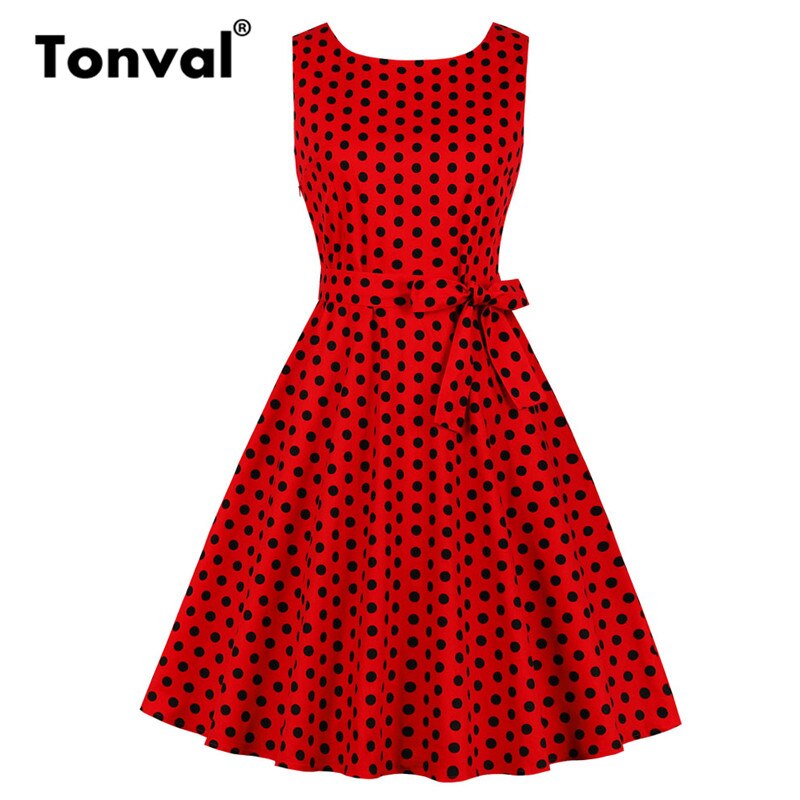 Tonval czerwony Rockabilly V-z powrotem Polka Dot Retro sukienka w stylu Vintage kobiety lato bez rękawów z paskiem bawełniane biuro linia sukienki: Czerwony / M