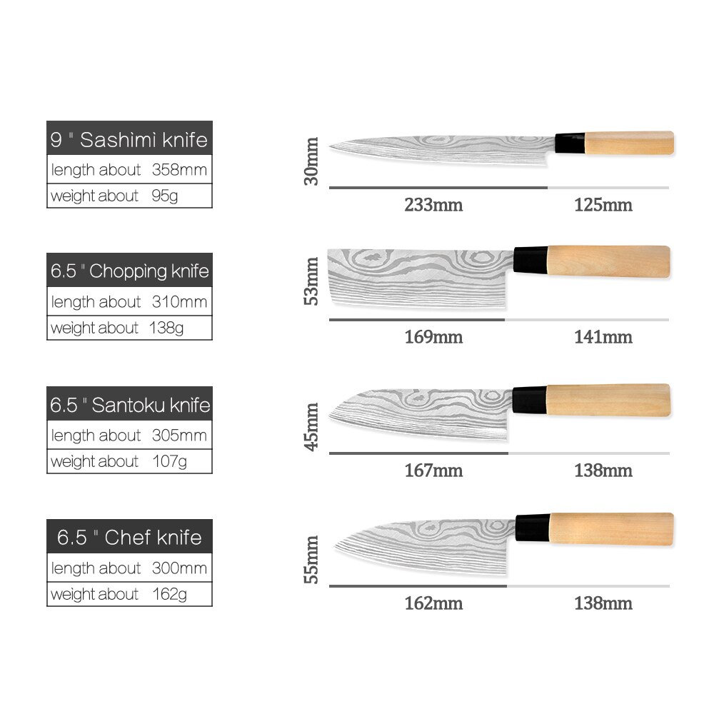 XYj 4pcs Japanese Style Stainless Steel Knives Set Damascus Veins Blade Wood Handle Chef Santoku Chopping Sashimi Knife Sushi