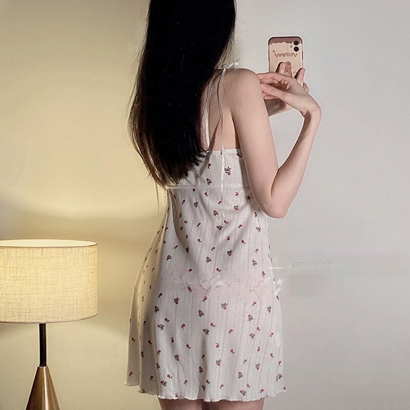 Nightgowns Women Spaghetti-strap Bow Print Stylish Sexy Home Korean Style Sweet Kawaii Summer Chic Prevalent Female Sleepshirts