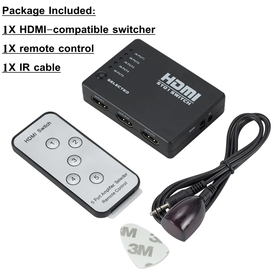 BGGQGG HD 4K HD-MI Splitter 1x5 Port 3D 4K*2K Video for Switch Switcher 1 Input 5 Output HUB with IR Remote Switcher: black