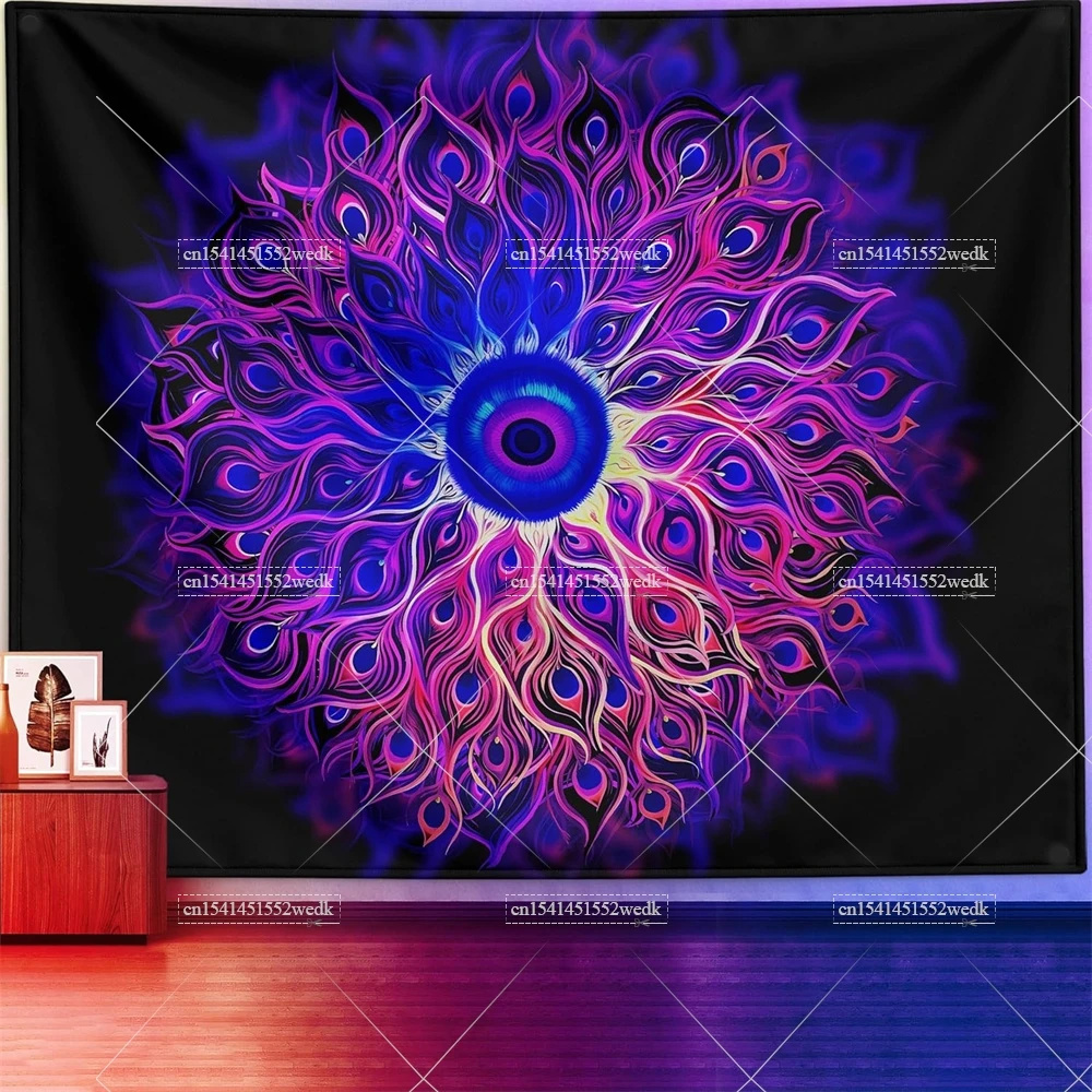 Boho Blacklight Tapestry Colorful Mandala Floral Tapestry Wall Hanging UV Reactive Aesthetic Glow In The Dark Party Backdrops: 200x200cm / Olive Brown