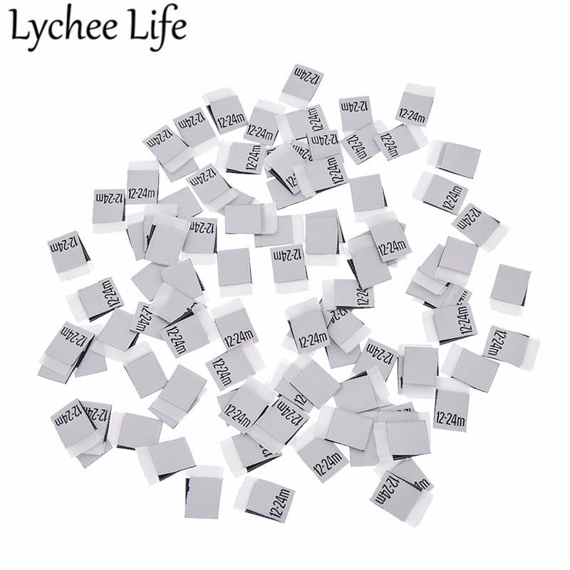 litchi liv 100 stk baby klær størrelse etikett polyester brev trykte etiketter håndlaget diy klær sy stoff tilbehør: 2-24m