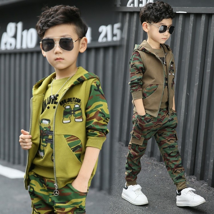 Drenge camouflage tøj sæt 3 stk til store børn hættejakke t-shirt bukse tøj jakkesæt 3 5 6 7 8 9 10 11 år