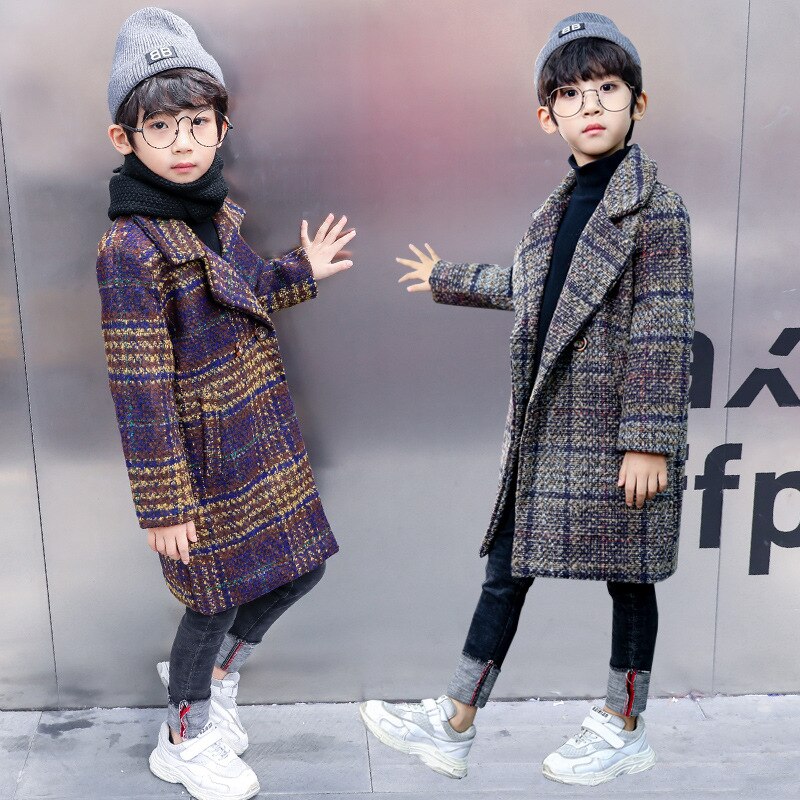 England Teenager Wool Coat For Boys Thicken Plaid Baby Boy Jacket Winter Kids Boy Warm Baby Winter Jacket 4-11Years