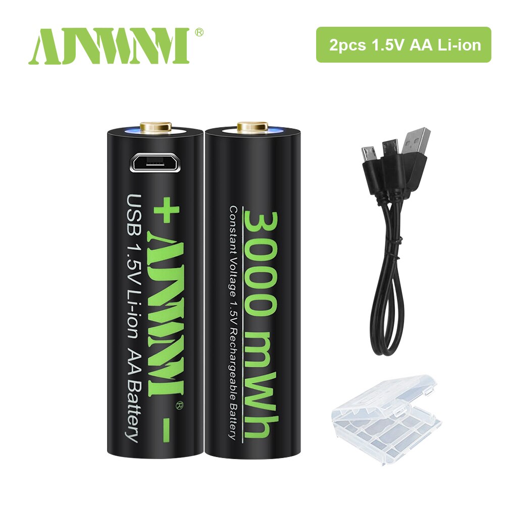 Ajnwnm 1.5v aa usb genopladeligt li-ion batteri 3000 mwh batterier aa til fjernbetjening trådløs mus + usb kabel: 2 stk aa batteri