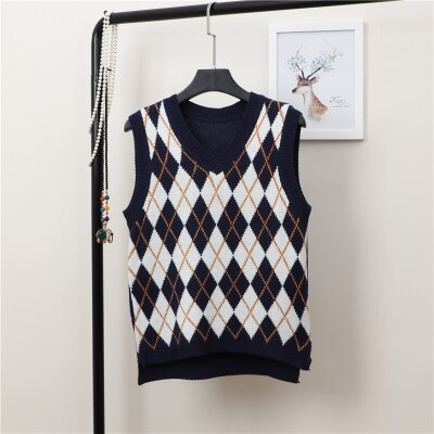 Vintage Argyle Sweater Vest Women Knitted Pink Tank Top V Neck Sleeveless Loose Korean Waistcoat Center: Blue