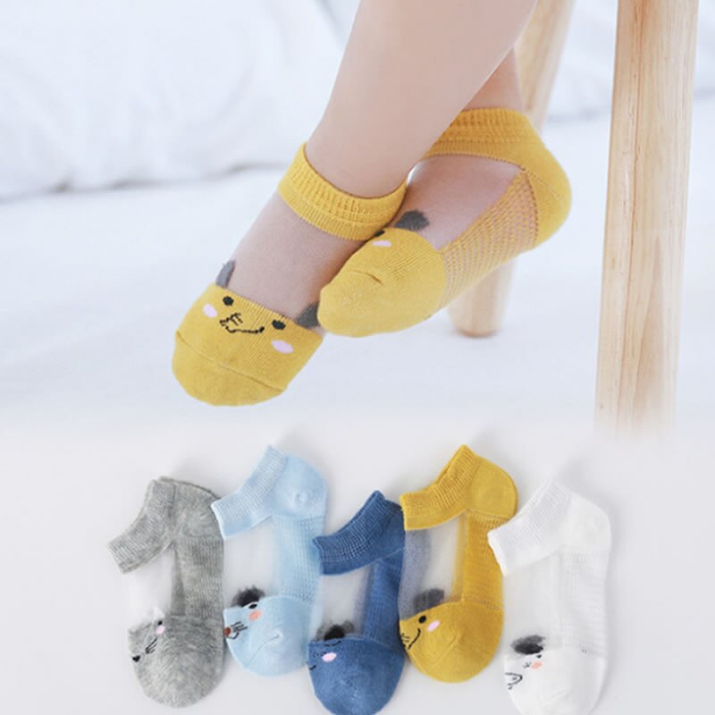 Calcetines de algodón de malla delgada de verano para niños, calcetines de seda de hielo para bebé, calcetines de barco de personajes de dibujos transpirables