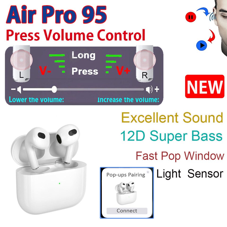 Air Pro 90 80 95 60 Air3 Air4 Air60 TWS Earbuds Wireless Bluetooth 5.2 Earphone Light Sensor Wireless Charging Super Bass Pop-up: Pro95