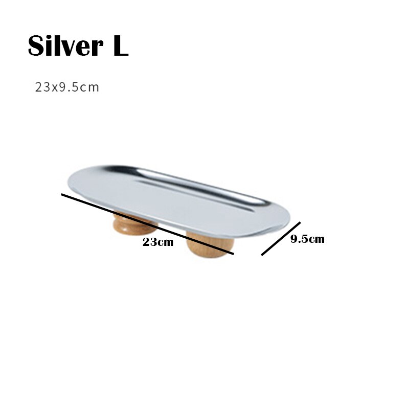Bandeja de almacenamiento de hierro, soporte de exhibición de placa decorativa de pies altos de madera, bandejas decorativas de joyería, sala de estar, cocina, almacenamiento: Silver L