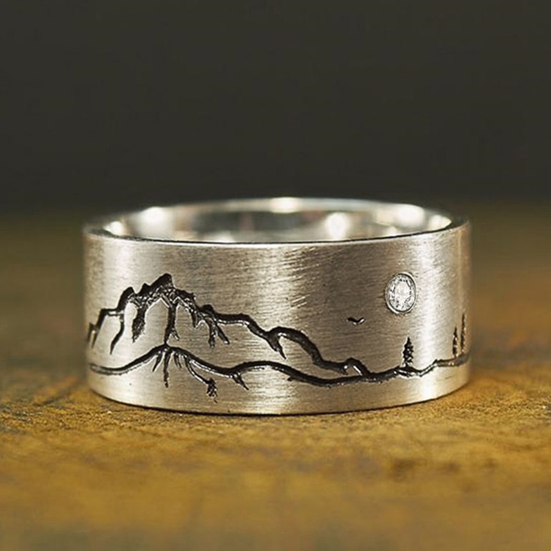 Huitan Vintage Landscape Painting Carved Unisex Rings Shiny Crystal Zirconia Chic Women Men Finger Ring for Party Jewelry: 8