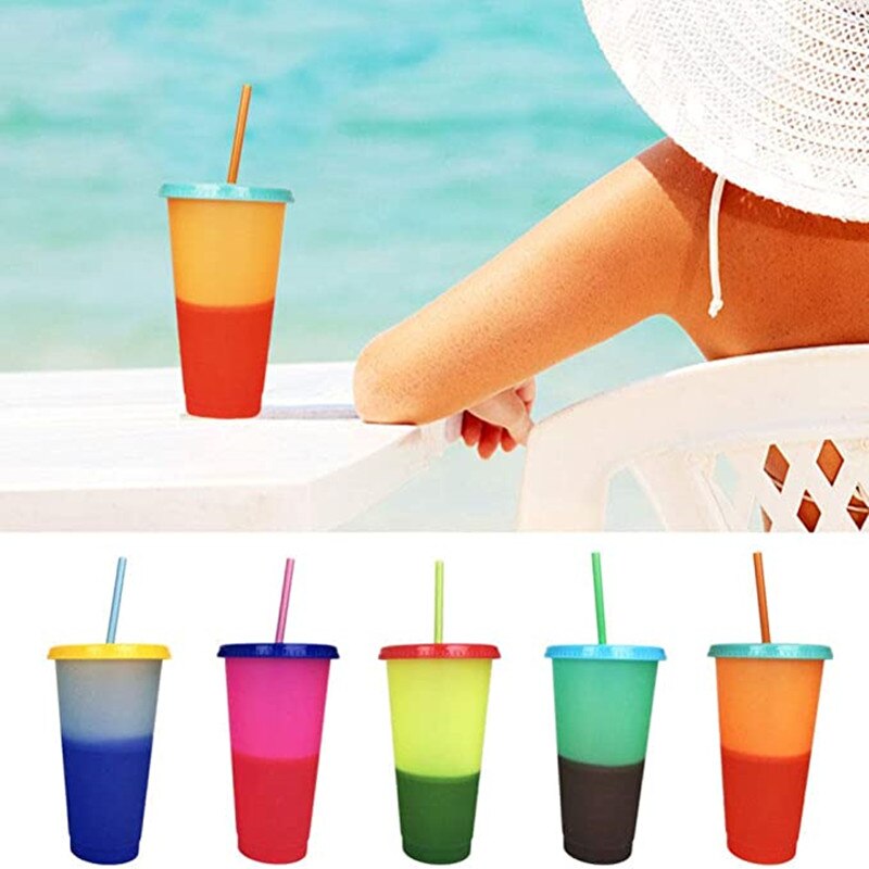 1PC Color-changing Straw Cup 600-700ml Cup Summer Cold Water Magical Cup PP Coffee Mug Party Outdoor Drinkware