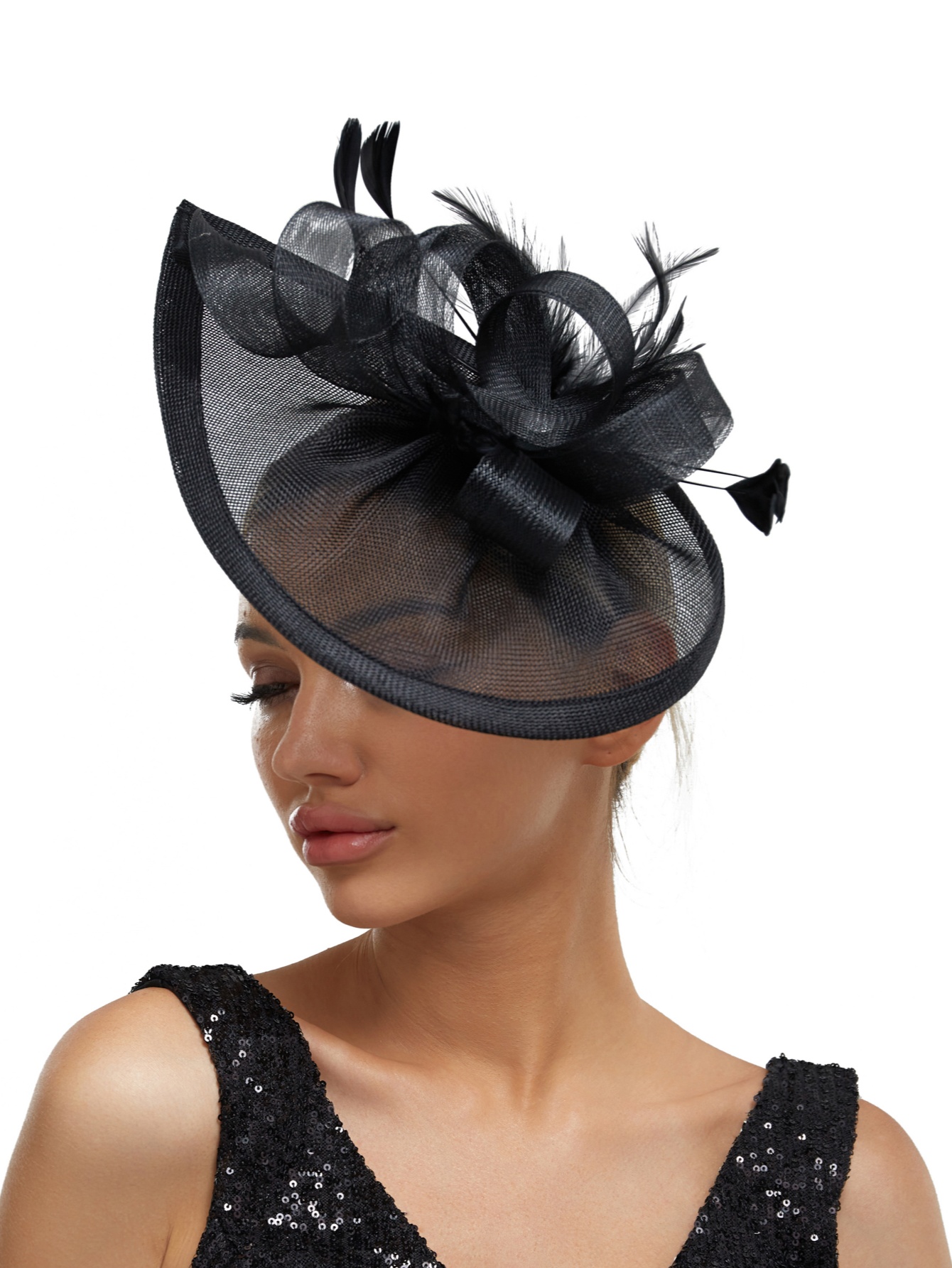 Charmante Fascinators Veer Bruiloft Mesh Hoed Bloem Bruid Cocktail Tea Party Hoofddeksels Vrouwen Hoed Hoofdband Haaraccessoire: Black