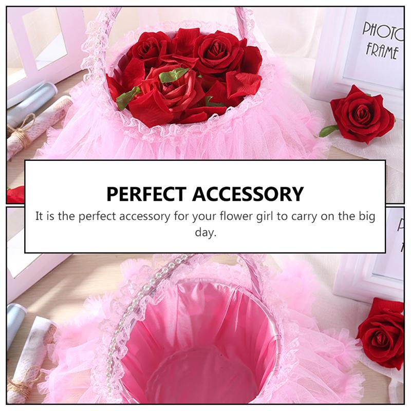 Lace Edge Mand Bruiloft Bloemblaadje Mand Bruidsmeisje Bloem Mand (Roze)