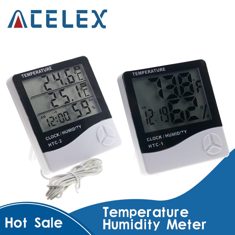 LCD Electronic Digital Temperature Humidity Meter Indoor Outdoor Thermometer Hygrometer Weather Station Clock HTC-1 HTC-2
