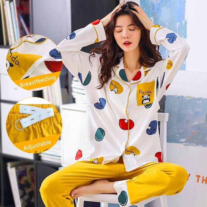100% Cotton Sleepwear Pregnant Pajama Spring Autumn Long Sleeve Maternity Nightwear Nursing Pajamas For Pregnant Postnatal Women