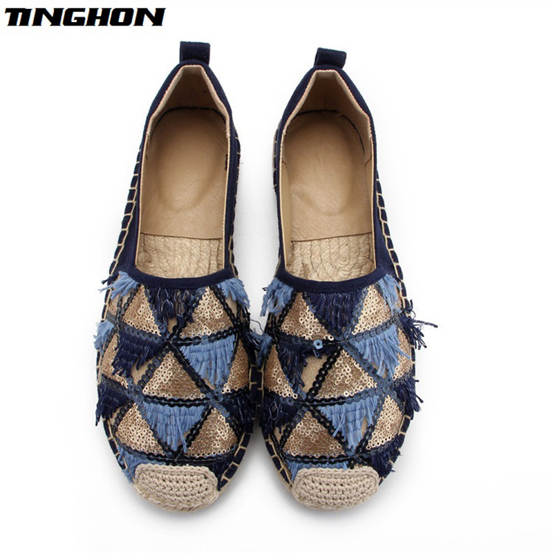 TINGHON Tassel Sequin Espadrilles Comfortable Slip-on Womens Casual Slippers Breathable Flax Hemp Canvas Girls Shoes: Blue / 8