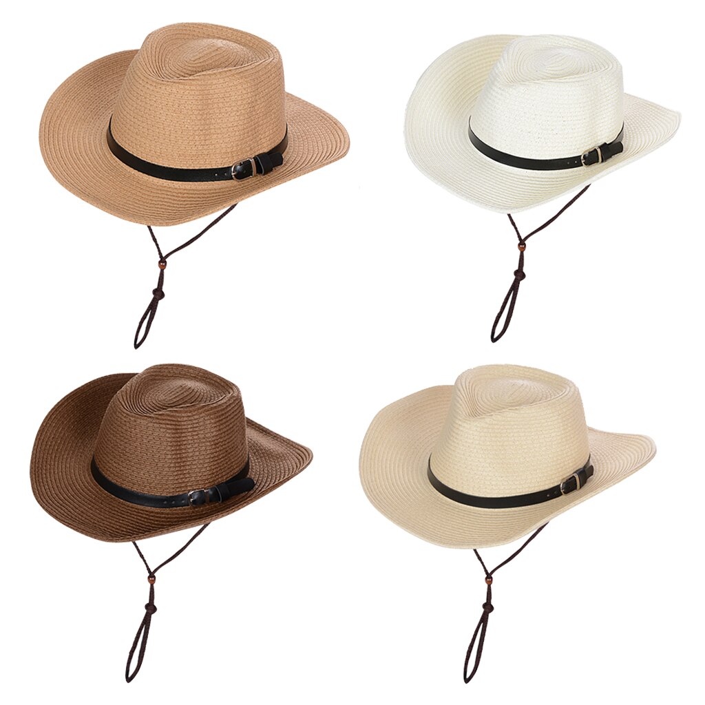 Western Style Cowboy/ Cowgirl Straw Hat Beach Panama Sun Hats Women &amp; Men Braid Straw Hat with Adjustable Chin Strap
