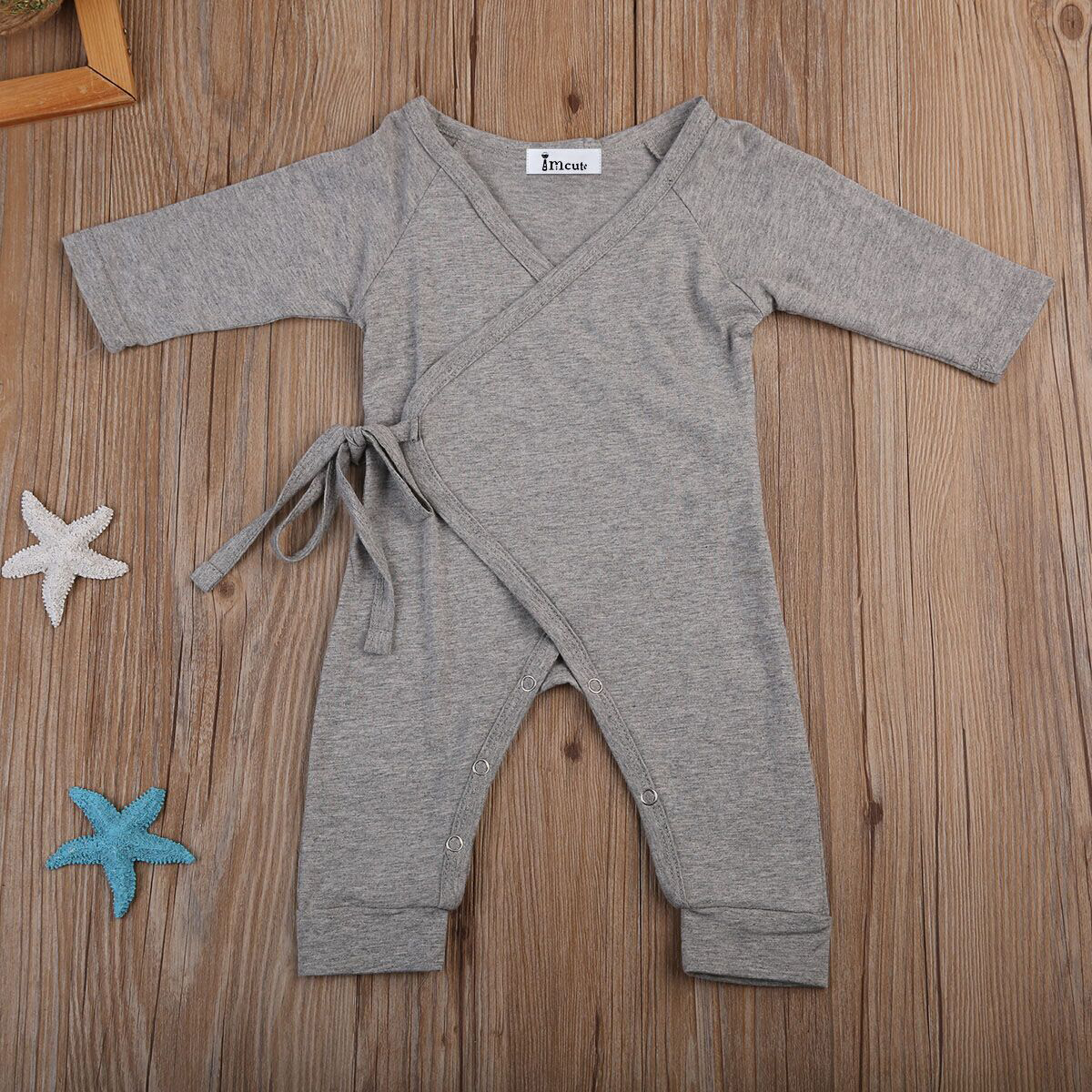 Newborn Infant Baby Girl Cotton Solid White Gray Romper Jumpsuit Long Sleeves Wings Clothes Cute Autumn Outfit SS