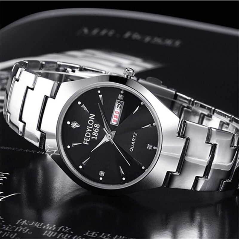 Fedylon-relojes de para parejas, de lujo, de negocios, de cuarzo, de acero inoxidable, para hombre y mujer
