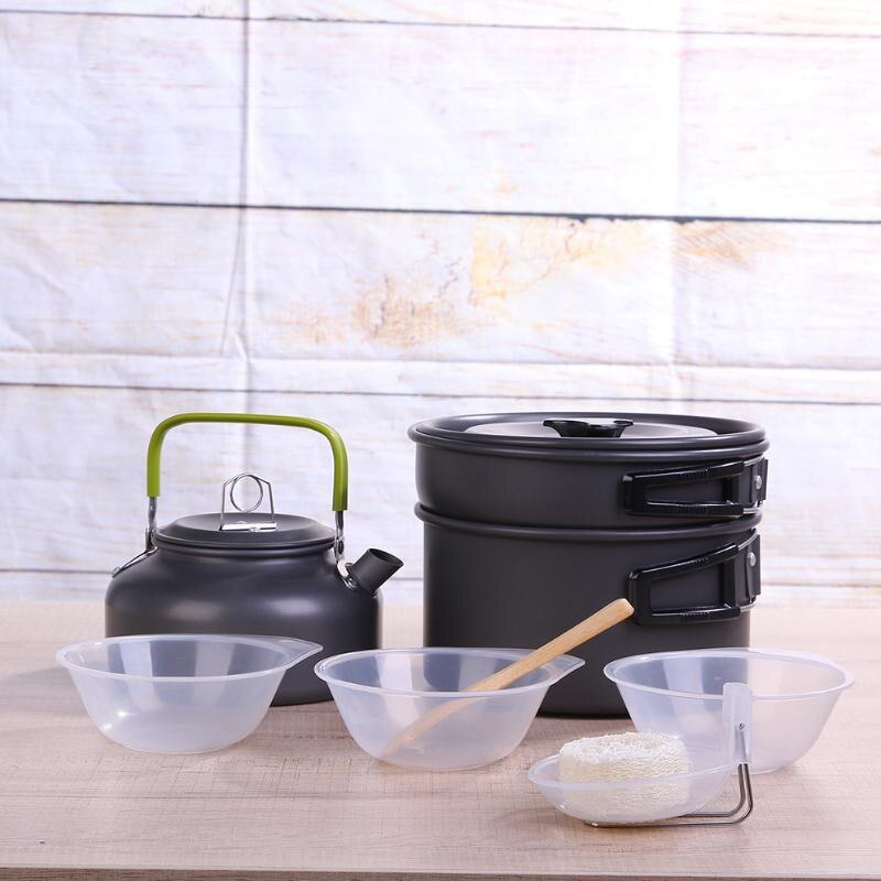 Vilead draagbare kampeerset met pot, pan en waterkoker van aluminiumlegering, servies voor buiten, kookgerei, 3 stuks/set, theepot, kookgereedschap voor picknick en barbecue.