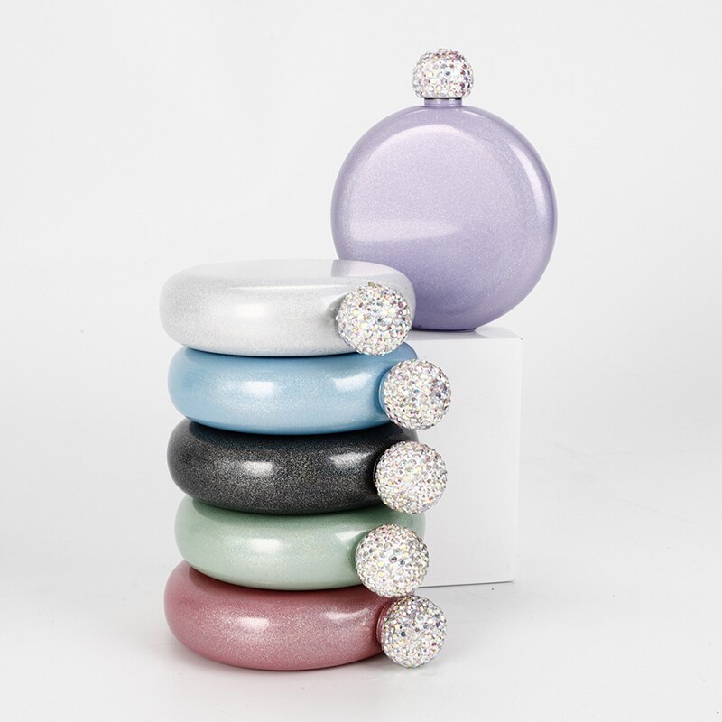 DEOUNY Leakproof Pocket Drinking Whiskey Flask Stainless Steel Hidden Alcohol Hip Flask With Rhinestones Lid 5OZ For Women