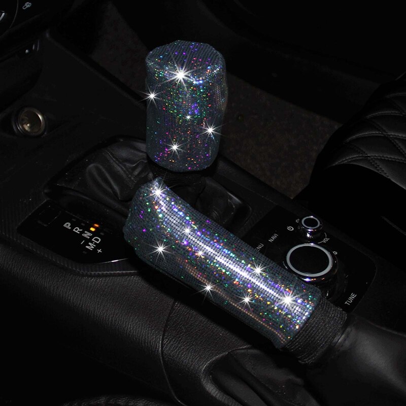 1 set diamant kristall bil växelkrage lock glitter strass auto shifter handbroms dekorationer interiörtillbehör: Silver-